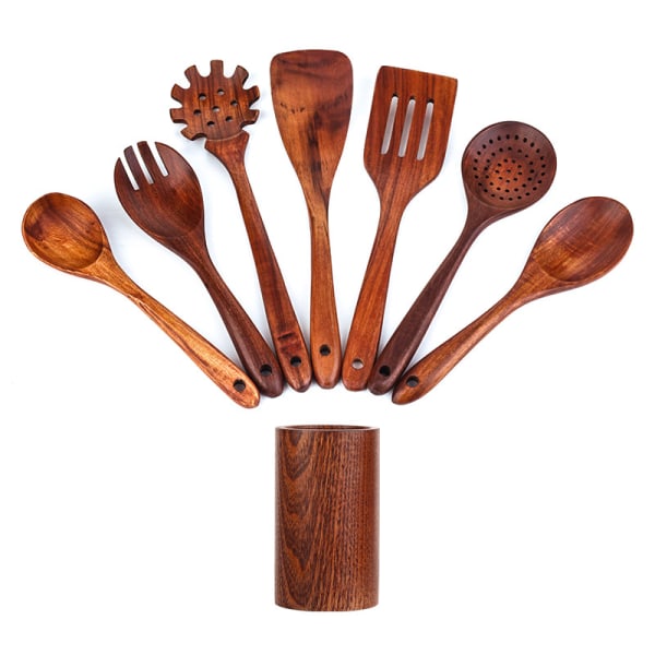 8 Piece Wooden Spoons for Cooking, Wooden Utensils for Cooking with Utensils Holder, Natural Teak Wooden Kitchen Utensils Set with Wooden Spoon Rest,