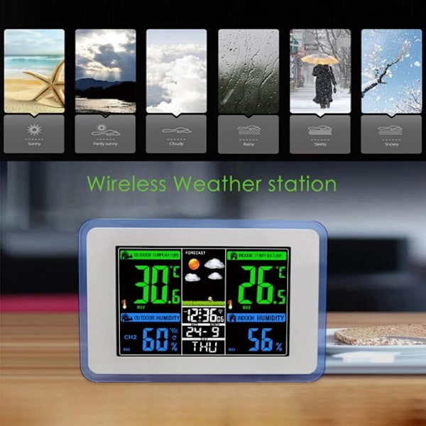 Trådløs Innendørs Utendørs Værstasjon, Trådløs Værstasjon, Innendørs Utendørs Termometer Hygrometer Barometer med Sensor LED Bakgrunnsbelysning Display C