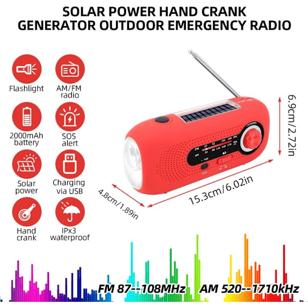 （Röd） Bärbar solcellsradio, Dynamoradio, solcellsradio med SOS-larm för nödsituationer, liten radio, vattentät IPX3-radio, AM/FM-vevradio, fickradio l