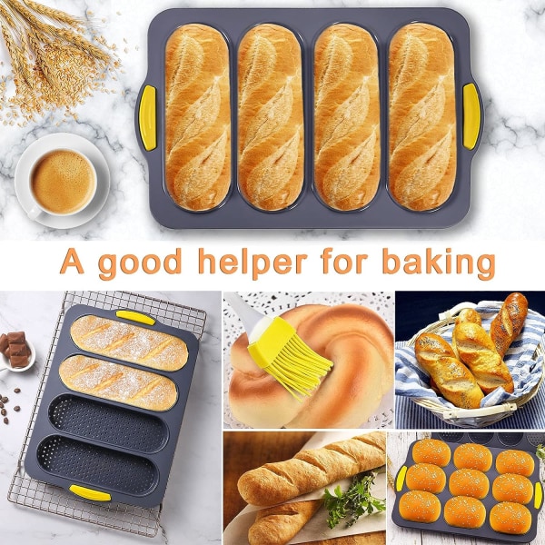 4-fags silikonebaguetteform, perforeret non-stick form, minibaguettebakke med fedtpensel til franskbrød