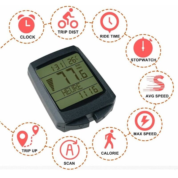 1 stk. Hvid cykelcomputer, IP65 trådløs multifunktionel vandtæt cykelhastighedsmåler kilometertæller Automatisk vækkeur Fjernelse LCD-baggrundsbelysning