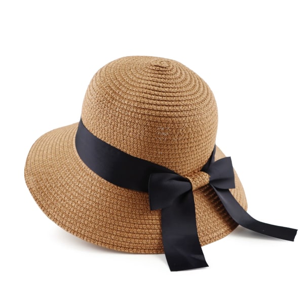 Kvinner, små jenter strå solhatt sommer strandhette sammenleggbar visir floppy hatter bred kant med sløyfe