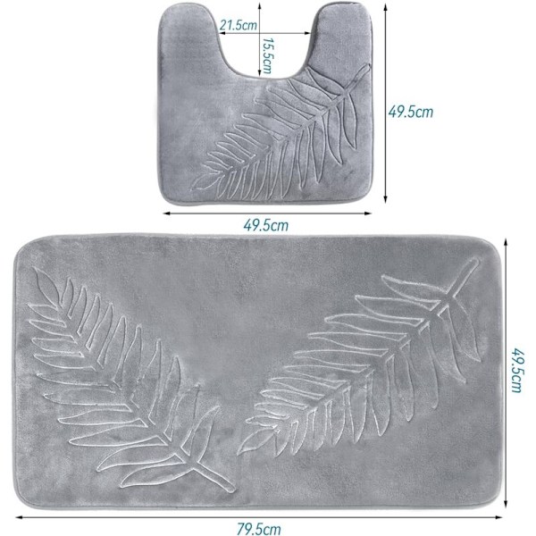 Set med 2 absorberande och halkfria badrumsmattor - för dusch, bad och toalett - ljusgrå - 50 x 80 cm - U-formad - 40 x 50 cm