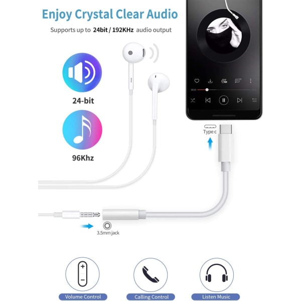 USB C - 3,5 mm kuulokeliitäntäsovitin, C-tyypin ääniliittimen muunnin, joka on yhteensopiva Samsung Galaxy S22/S21/S20/S20+, Huawei P30/P20/Mate10/Ma kanssa