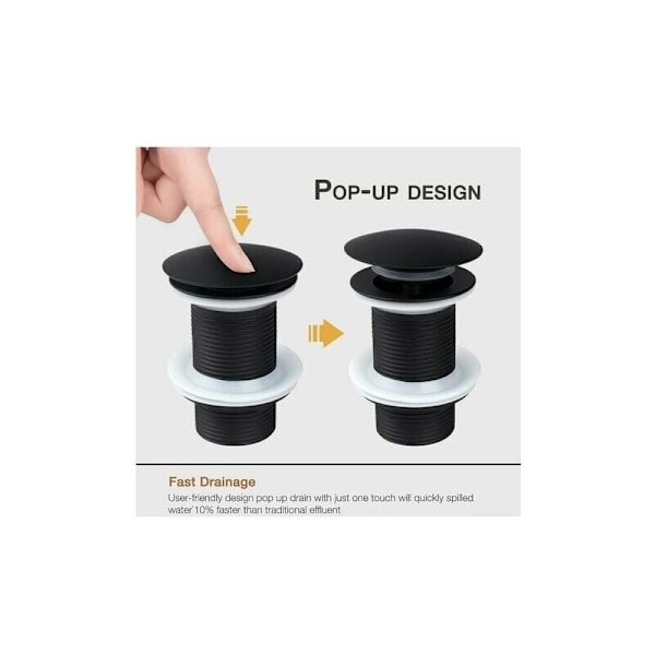 Svart bottenventil utan överfyllnad, universal svart pop-up bottenventil, avloppsplugg utan överfyllnad, avloppsventil utan överfyllnad, automatisk pop-up