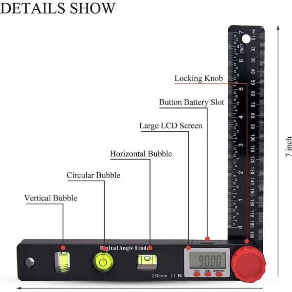 Digital vinkelmätare Lutningsmätare Vattenpass Digital Goniometer 230mm 360° Vinkelmätare med horisontell vertikal cirkelnivå bubbla, LCD-skärm