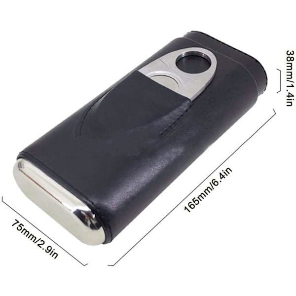Sort læder cigaræske, cigar etui, bærbar læder cigar etui med cedertræ foring 3 rør, med rustfrit stål cigar cutter