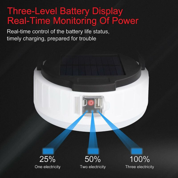 Solcellscamping ficklampa 360° Uppladdningsbar bärbar LED-lykta Tältlampa 2 Laddningslägen 4 Belysningslägen Lämplig för camping Fiske Nödläge,