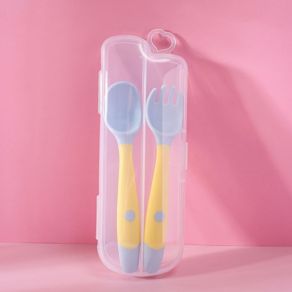 Box Lock yellow-2pcs Infant Training Spoon And Fork, Flexible And Heat Resistant Easy To Grip Learning Spoon, Fork For Kids