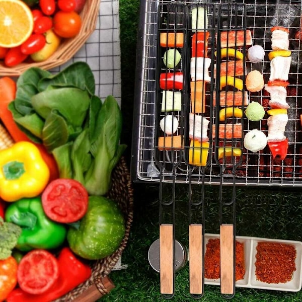 Grillkurv, 4 stk. unik grillkurv grillstøtte kebabgrill med varmebestandig trehåndtak, grillgrønnsaker, løk, pølsebur
