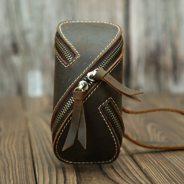 Mørkebrun-Kreativ Vintage Crazy Horse læder nøgletaske lynlås nøglekort Taske Vintage ægte læder nøglering til mænd og kvinder