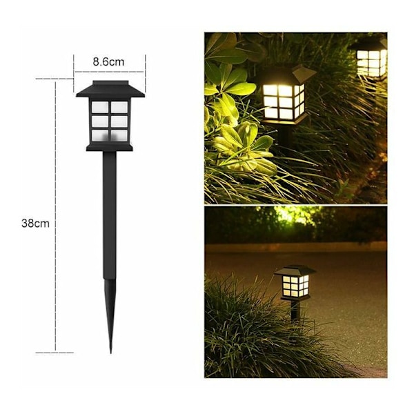 6 st LED solenergilampor för utomhusbruk, för uteplatsen, gräsmattan, innergården, gränden, stigen och landskapet - 8,6 x 8,6 x 38 cm (varm)