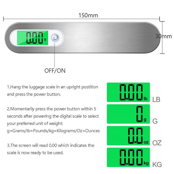 Elektronisk bagasjevekt, bærbar digital bagasjevekt (sølv), opptil 50 kg, bakgrunnsbelyst LCD-tarafunksjon, egnet for reise, post, hjem, shopping