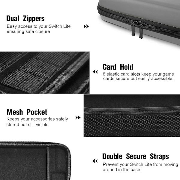 (Grå) 1 stk. Nintendo Switch Lite-etui, hardcase til Nintendo Switch Lite-konsol, inklusive 8 spilkassetter, JoyCon og andet tilbehør.