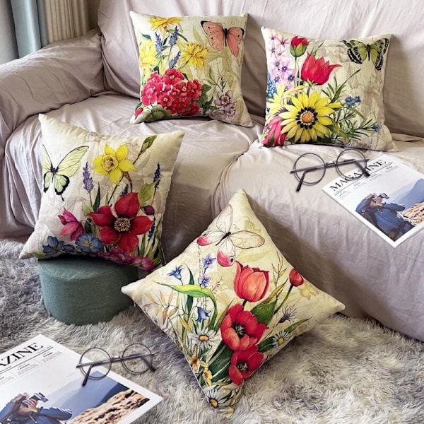 Sett med 4 putetrekk dekorative putetrekk sofaputer for soverom, sofa, stol, seng, hage (blomst)