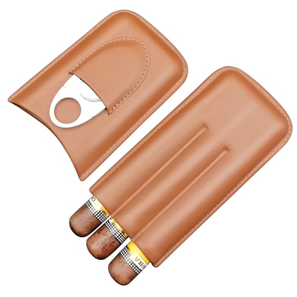 Læder Cigar Etui Rejse Humidor til 3 Cigarer med Cigarsaks