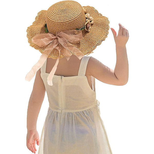Barn og jenters blomstersommer stråhatt sammenleggbar bredbremmet solhatt solbeskyttelse strandhatt sløyfe myk hatt