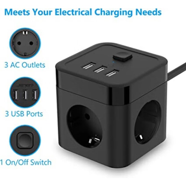 Sort，USB-stikkontakt 3 stikkontakter med 3 USB-porte Rejseoplader(5V3.1A/15.5W) Stikkontakter Overspændingsbeskyttelse og Overspændingsbeskyttelse med Afbryder 1.5m Kabel