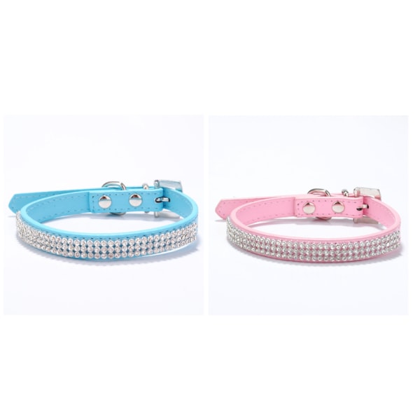 S-Blue, Pink-2 pieces Adjustable faux leather collar with rhinestones for small dogs and cats