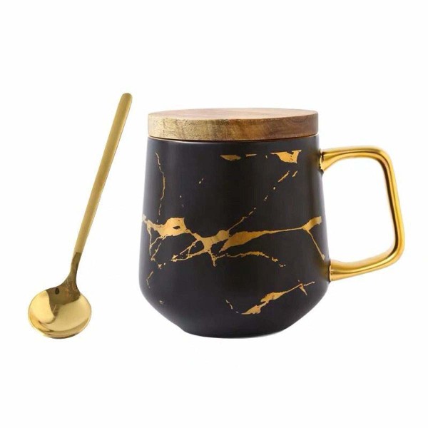 Afternoon Tea Porcelain Tea Cup Coffee Mug Set - Marbled (Black, Stem 400ml + Wooden Lid)