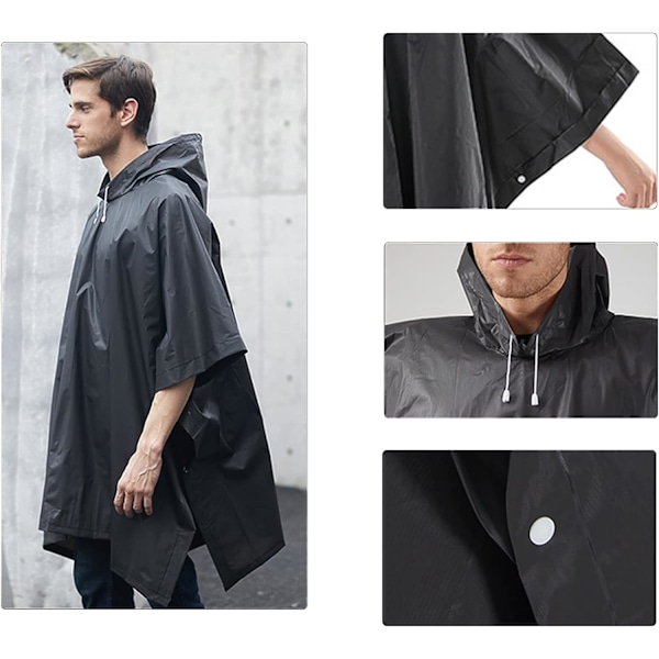 2 stk. Sort Regnponcho, Vandtæt Regnponcho, Regnfrakke med Hætte, til Vandreture, Camping, Rejser, Cykling (Sort)