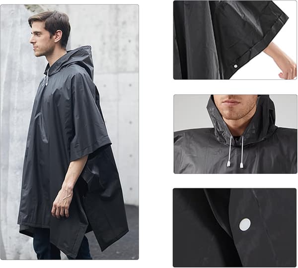 2 stk. Sort Regnponcho, Vandtæt Regnponcho, Regnkappe med Hætte, til Vandreture, Camping, Rejser, Cykling (Sort)