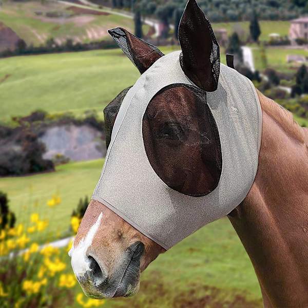 Heste maske fluemaske med ører til beskyttelse mod UV og fluer, behagelig strækbar egnet til de fleste store heste