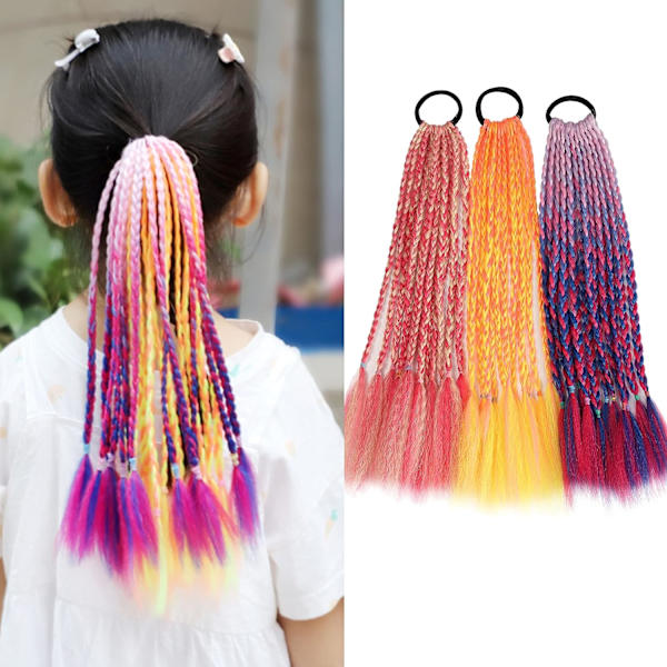 Färgglada flätor för barn - Hårförlängningar med färgglada accessoarer och elastiskt gummiband för barn och kvinnor - 3 stycken