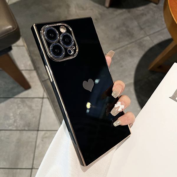 Firkantet hjertemønster forsterkede hjørner belagt kant telefondeksel for iPhone 14 Pro Max 6,7 tommer full kamerabeskyttelse støtsikker støtfanger - Svart