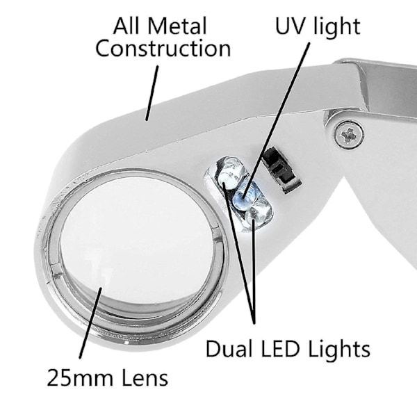 40x LED-valaistu kultaseppien luuppi, laaja näkökenttä, silmän suurennuslasi, sopii puutarhaan, koruihin, antiikkiin, kolikoihin, kiviin, postimerkkeihin, harrastuksiin, kelloihin