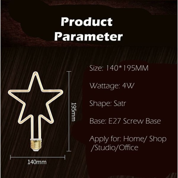 4W E27 Kreative LED-lyspærer Dekorative stjerneformet filamentlyspære Varm hvit 2700K AC 220V 360 lys spredningsvinkel