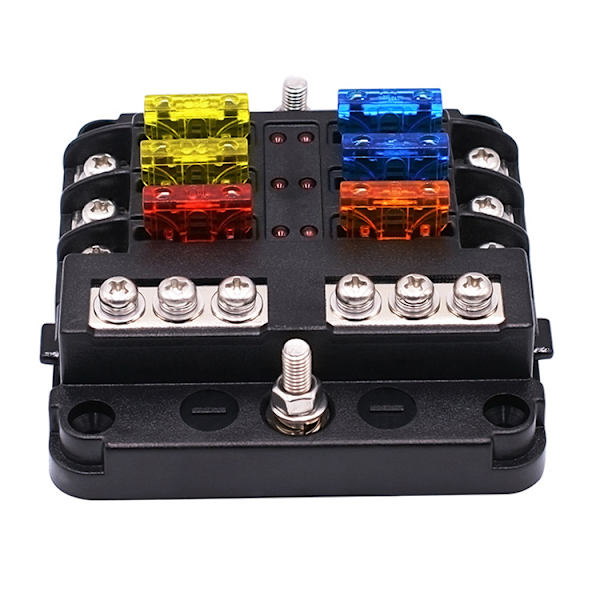 6-vägs 12V säkringsbox, säkringshållare blad säkringsblock med 16 säkringar 6 LED-indikatorlampor skyddande lock för 12V/24V bilfordon båt marin lastbil
