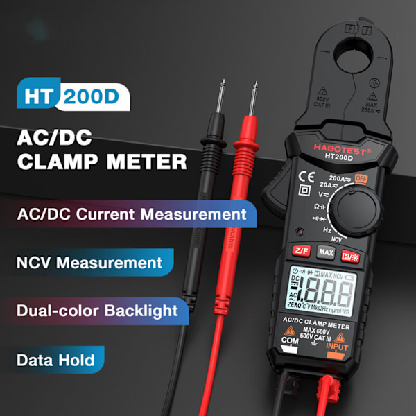 Digitalt amperemeter tang HT200D 2000 punkter True RMS NCV 600 V Spenning 200 A Strøm DC/AC Multimeter Digital Tang Ampèremmetrique kan måle resi