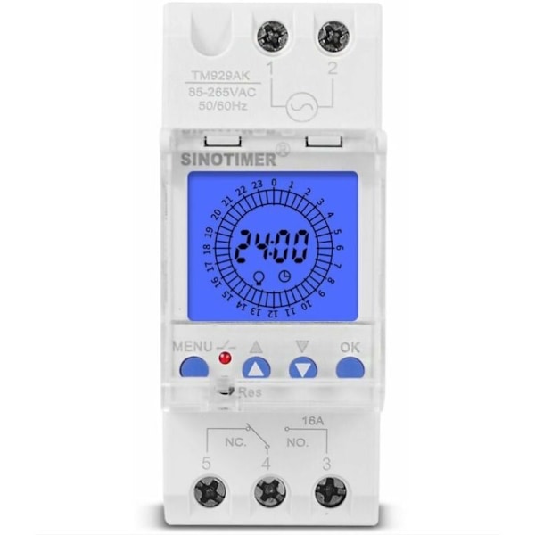 24 Timers Digital LCD-skjerm Elektronisk Klokke 85-265V DIN-skinne Smart Programmerbar Analog Timerbryter med 15 Minutters Intervall (16A)