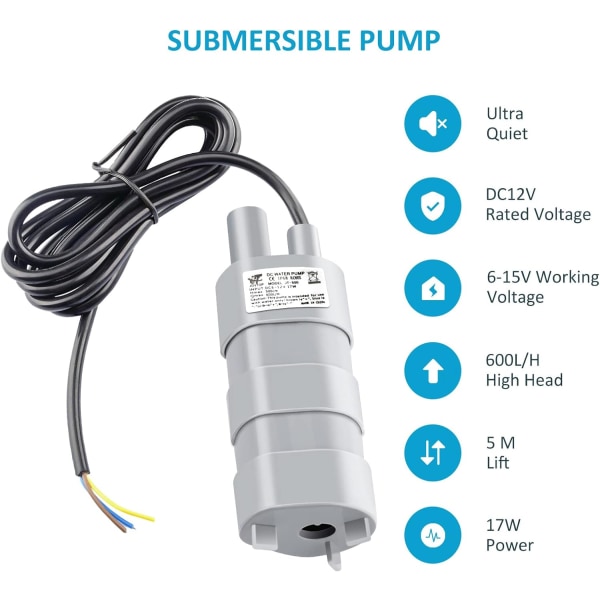 12 V nedsenkbar pumpe, JT-500 mikropumpe, rett pumpe, utløpshode 5 m, med 1,5 m kabel, vannpumpe 600 L/H