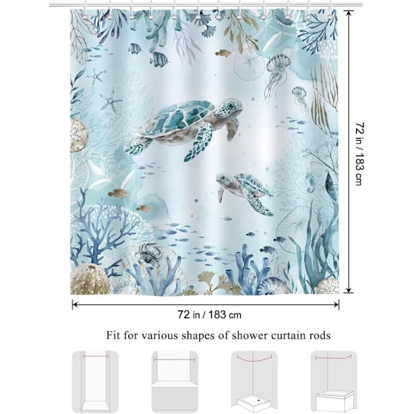 Bruseforhæng havskildpadde ocean blå alger Badeforhæng polyester anti-skimmel vandtæt vaskbart badeværelsesforhæng 180 x 180 cm med 12 kroge til bad