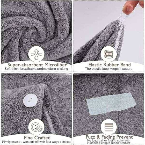 3-pack superabsorberande mikrofiberhanddukar för hårtorkning med knappar (grå, rosa, blå) 70*25cm