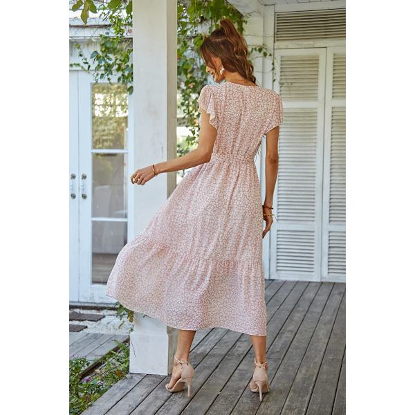 Kvinder 2023 Floral Sommerkjole Wrap V Hals Kort Ærme Snørebånd Ruffle Hem A Linje Boho Maxi Kjole