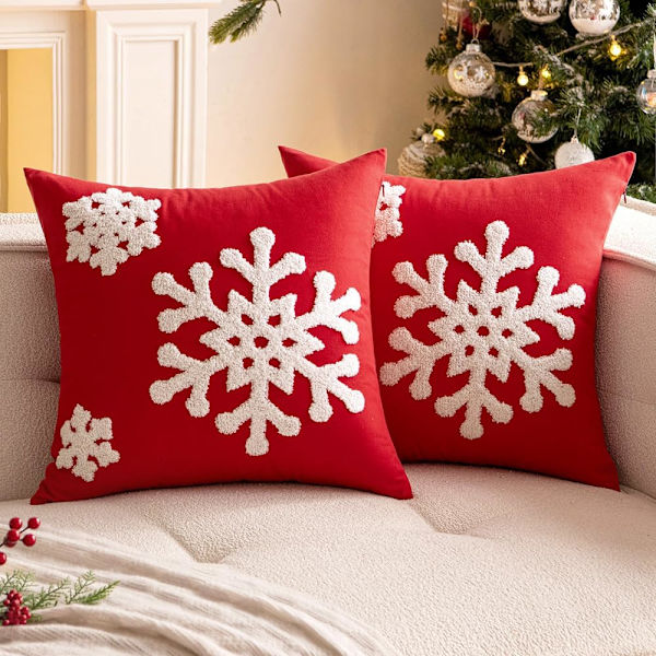 Julröd örngott dekorerad med snöflingbroderi soffkudde canvas kuddfodral 45*45cm