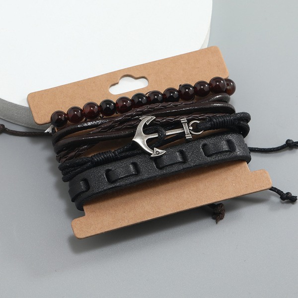 Flettet læderarmbånd med anker, vintage design, julegave, feriegave eller fødselsdagsgave, multi nautisk armbåndssæt