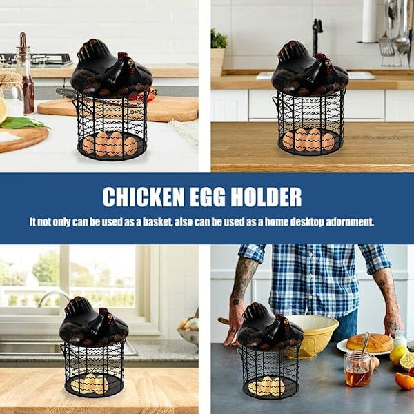 Metalltråd Eggkurv Kyllingform Trådfruktkurv med Keramisk Lokk og Håndtak Eggdisplayholder Organizer for Farmhouse Kjøkken, Svart