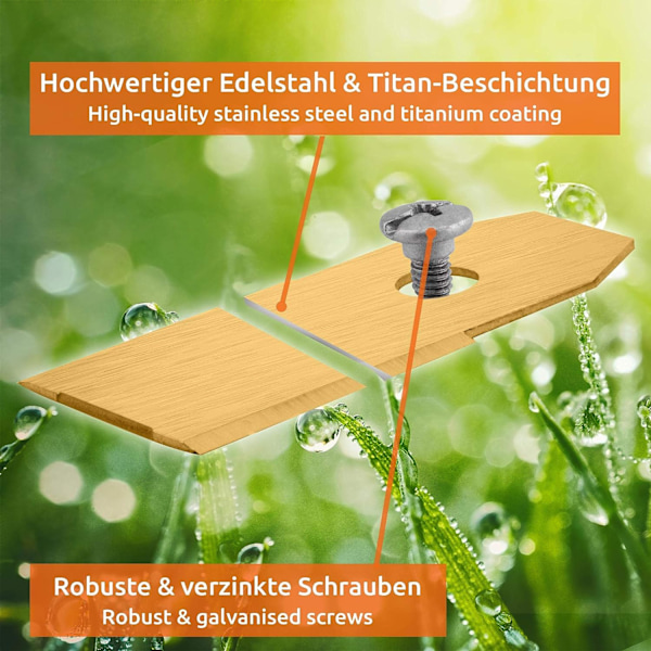 30x Titanbelagte rustfrie stål reserveknive kompatibel med Husqvarna Gardena McCulloch ROB Flymo Yardforce Matrix Grizzly Brast - Inkluderer
