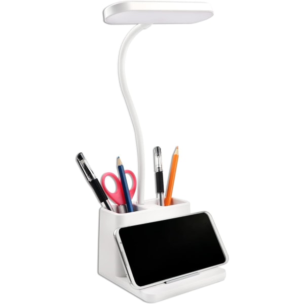 5W LED Desk Lamp, 3 Light Modes and 3 Adjustable Brightness, USB Rechargeable Kids Desk Lamp, Flexible Gooseneck, with Pen Holder and Cell Phone Hol