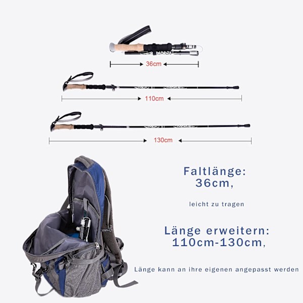 Vandrestokker Trekkingstenger Teleskopiske Nordic Walking-stenger Kvinner Menn Justerbare 110 130 cm Vandrestokk med Metallfoldbare Lukninger Korkhåndtak for