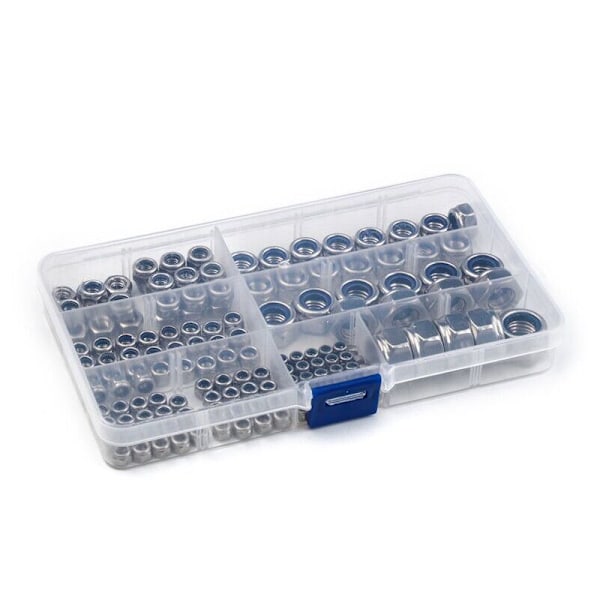 Metrisk nylon låsmutter kit, 170, m3/m4/m6/m8/m10/m12, gängad rostfritt stål, Kit med självlåsande hexagonala låsmuttrar
