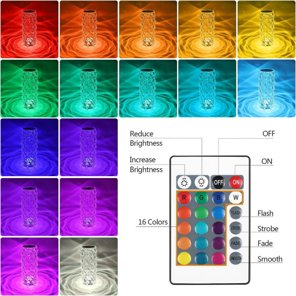 Krystalbordlampe - LED-diamantbordlampe med 16 farver - Genopladelig stemningsbelysning - Berøringsstyring og fjernbetjening