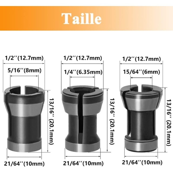 3st Collet chuckhuvud i HSS, åtdragningspincettadaptertillbehör snickeriomvandlare för fräsborrmaskin gravyr - 6mm 6.35mm 8mm