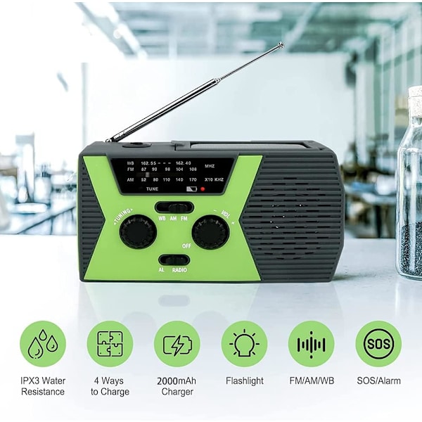 Vklopdsh Solcelle Crank Radio AM, Dynamo E-Radio med 2000 MAh Power Bank for Reise, Utendørs Camping