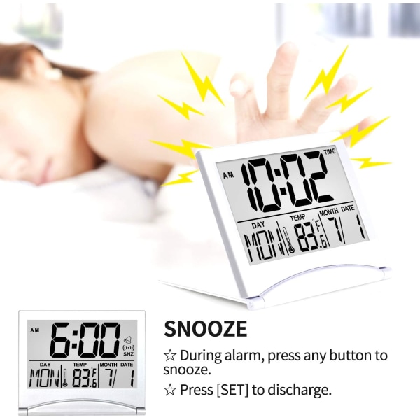 Digital Reseväckarklocka - Fällbar Kalender Temperatur Timer LCD Klocka med Snooze-läge (Silver, Ingen Bakgrundsbelysning)
