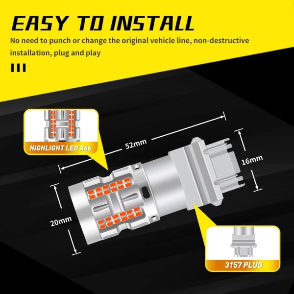 Rød-2stk 3157 P27/7W T25 Bil LED-pærer LED-bremselys Baklys Bakre Tåkelys Høydepunkt 66SMD LED-brikke DC12v-24v-